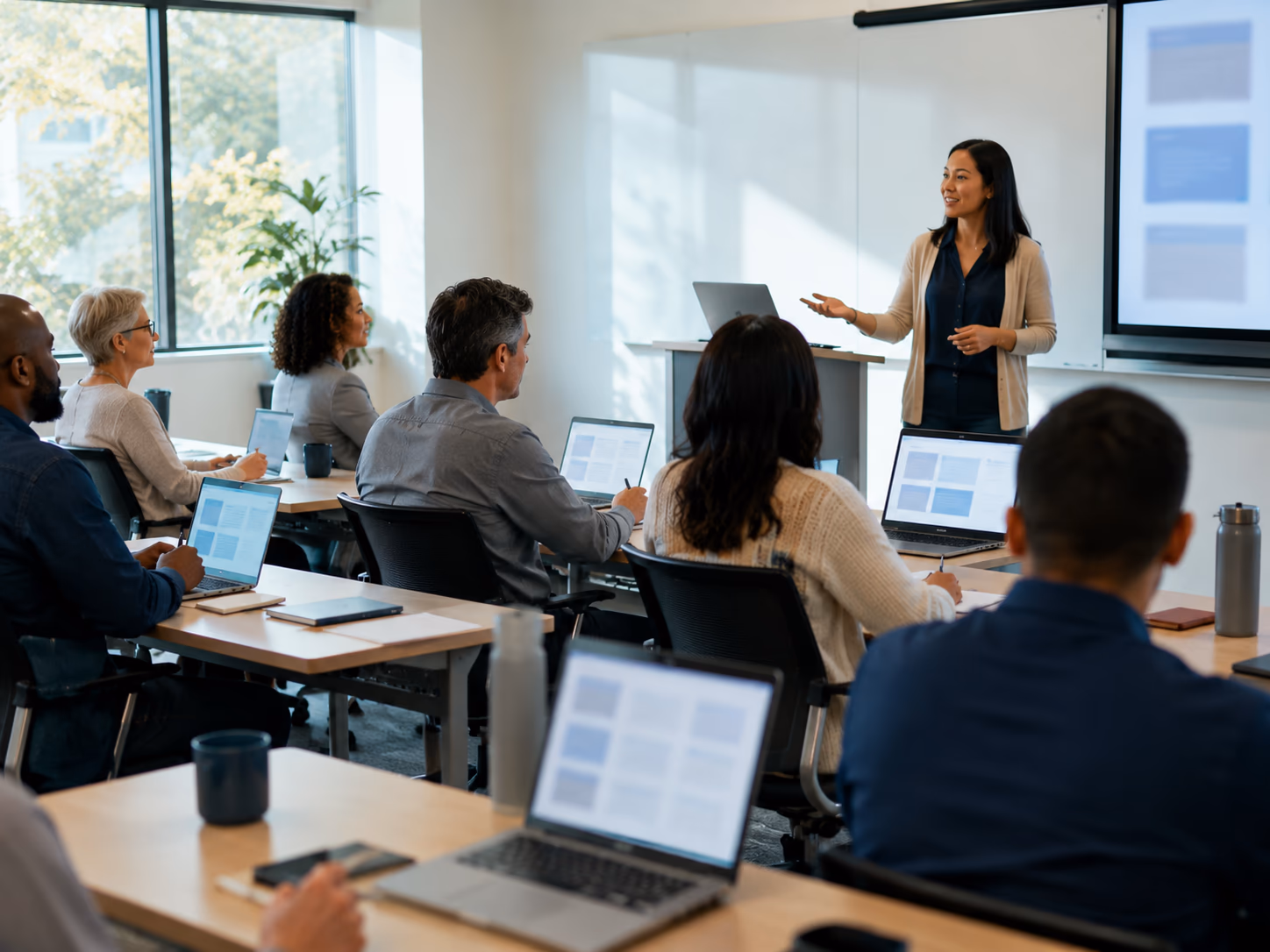 Workshop-style training room with facilitator and laptops showing only blurred generic interface blocks