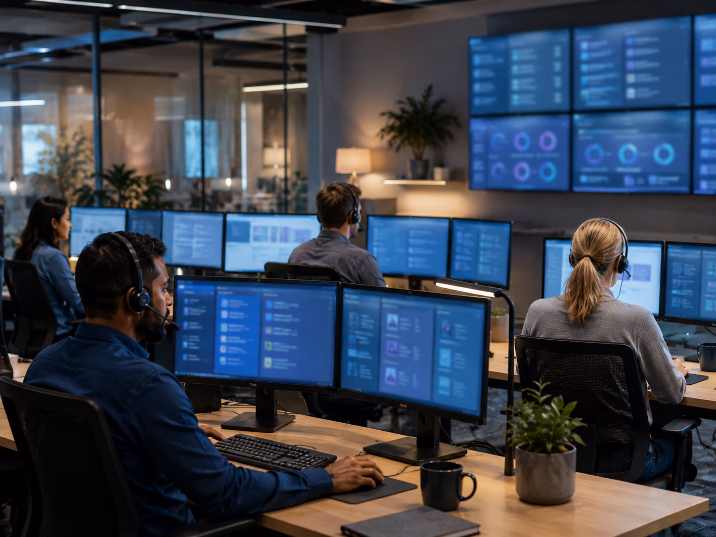 Service operations desks with monitors showing abstract blurred dashboards and ticketing layouts without legible labels
