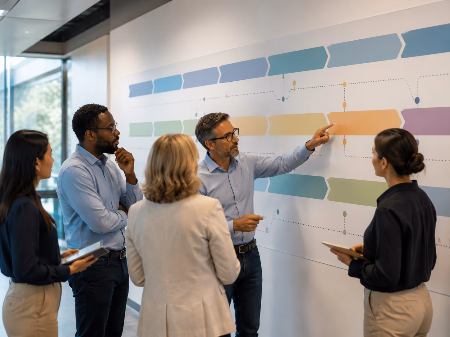 Program expansion meeting - roadmap wall with abstract blocks and timelines only, no readable words