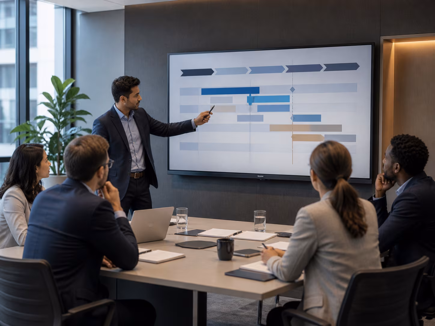 Stakeholders in a planning workshop reviewing a roadmap on a display with abstract blurred graphics