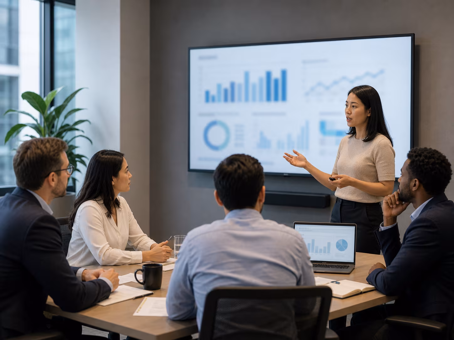 Professionals reviewing abstract blurred charts on a display during a metrics discussion