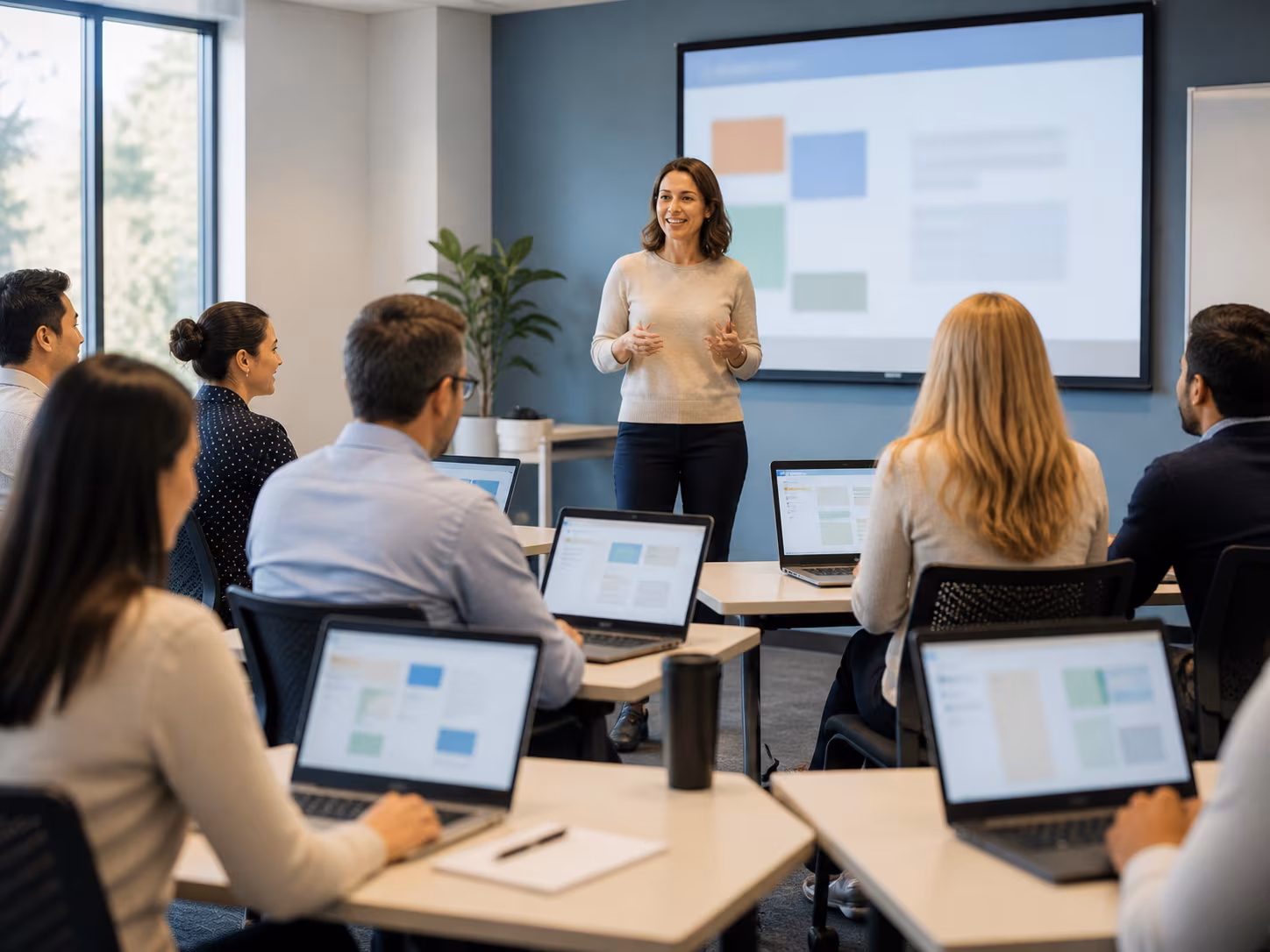 Facilitator leading a skills session for business administrators with blurred laptop screens