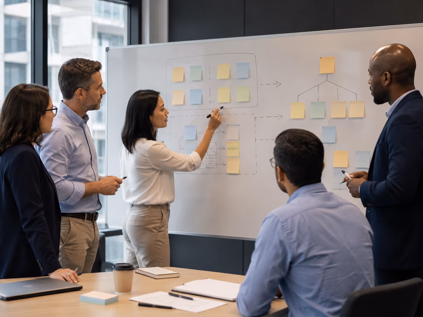 Consultants planning delivery milestones in a neutral project workspace