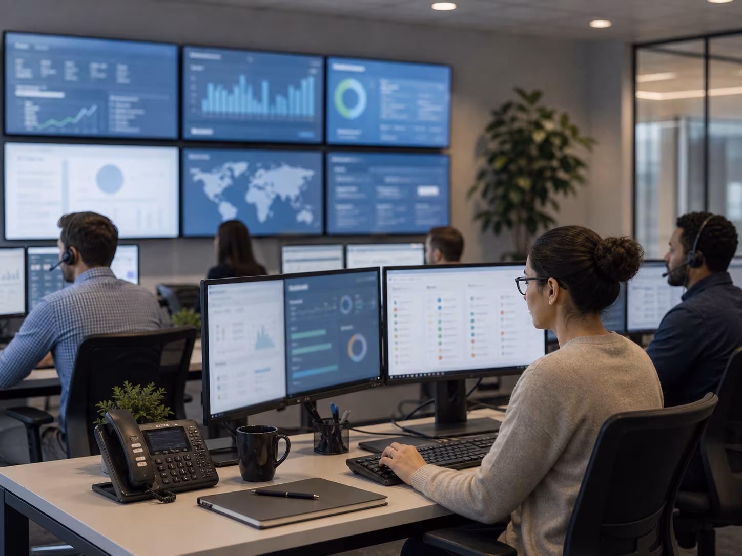 Managed operations environment with abstract blurred dashboards and no legible labels