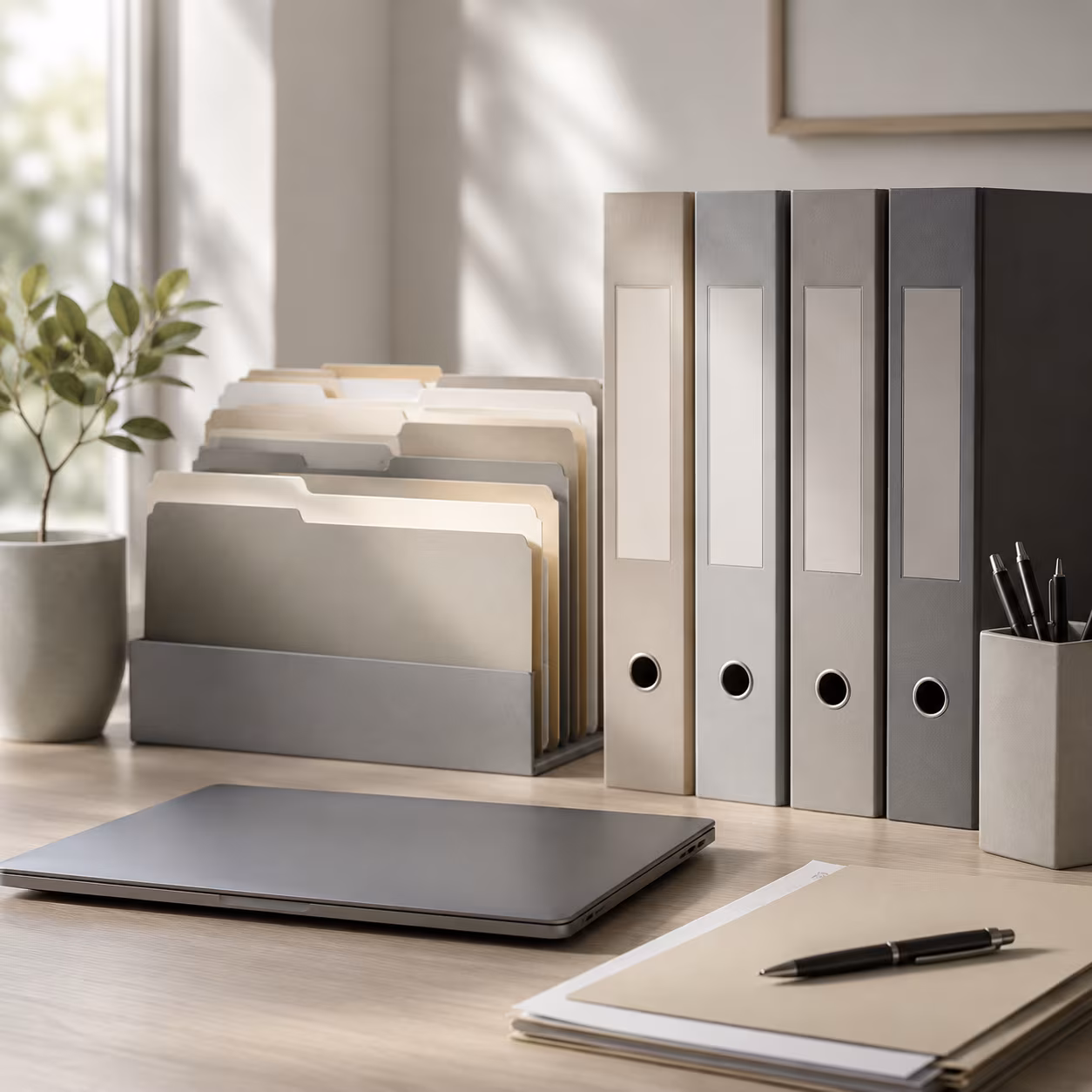 Neutral office still life with binders and workspace items suggesting governance, no legible text